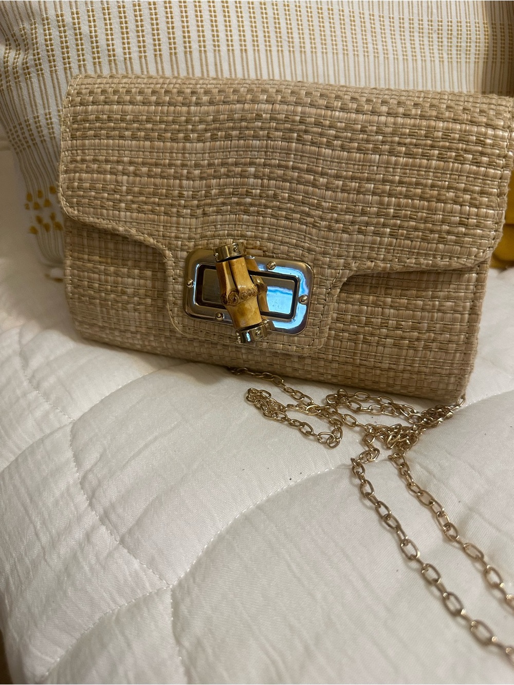 Woven Straw Crossbody Bag with Bamboo Accent - Natural